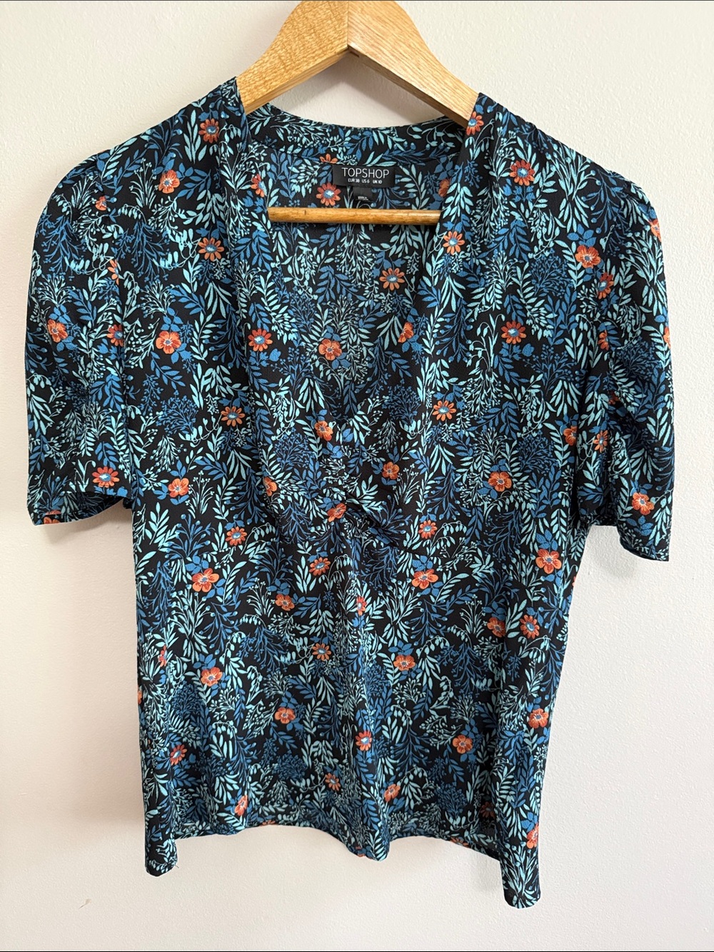Topshop Navy Floral V-Neck Tee with Coral Accents